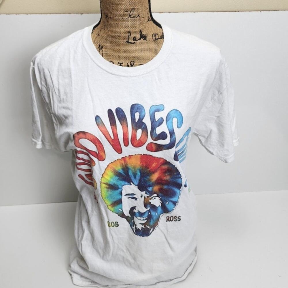 Bob Ross White Tie Dyed Graphics Short Sleeve T-Shirt Men's Size M